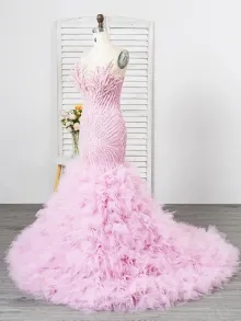 custom made pink fabric prom dress