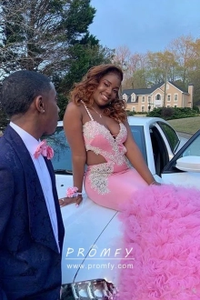 pink cascading ruffled prom dress