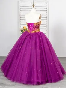 basque waist purple prom dress with gold glitter