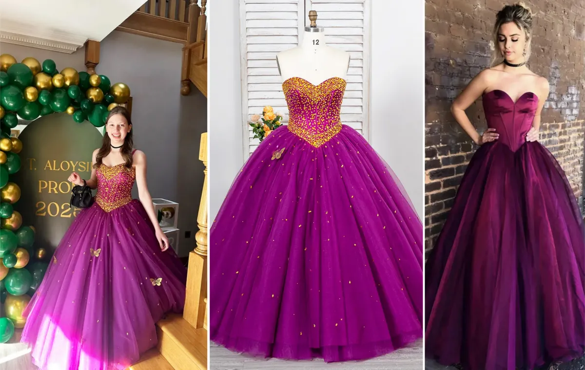 custom made basque waist glitter purple prom dress