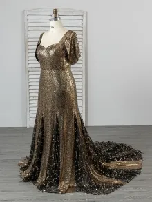 flutter sleeve gold sequin birthday dress