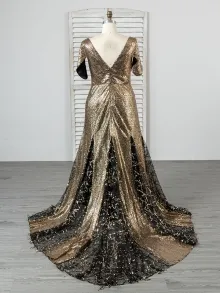 gold sequin V back dress