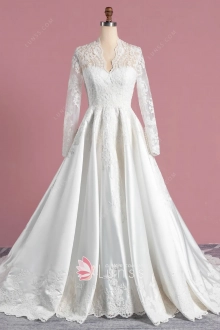 elegant scalloped lace v neck sleeve satin wedding gown