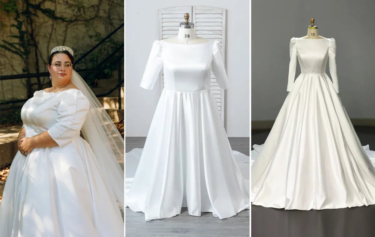 custom white satin wedding dress with quarter sleeves custom white satin wedding dress with quarter sleeves