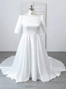 white satin wedding dress with quarter sleeves