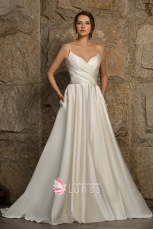 modern ivory satin spaghetti straps pockets bridal dress