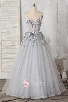 illusion corset silver glitter tulle flower prom dress