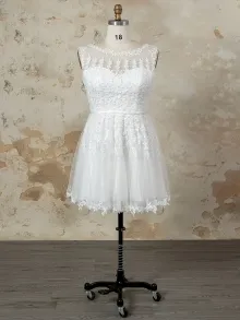 Lunss off white beaded lace short wedding dress