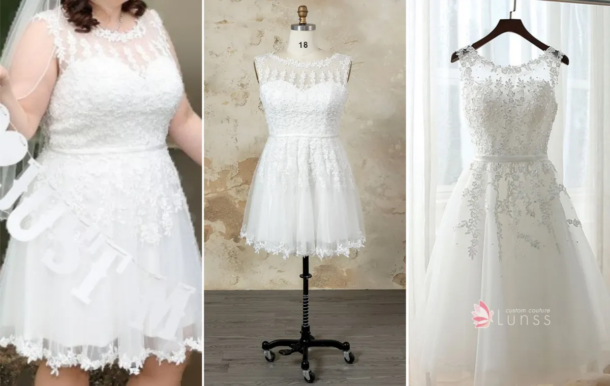 off white beaded lace short wedding dress customization