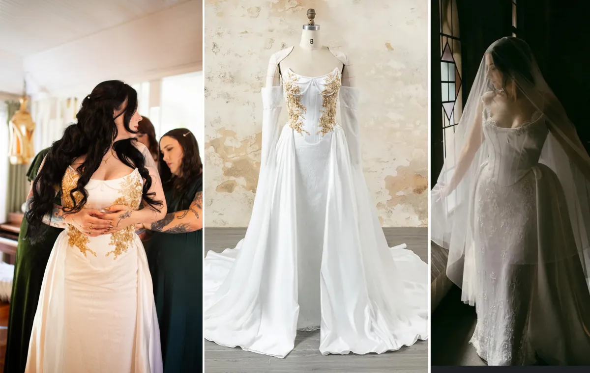 custom ivory wedding gown with detachable overskirt