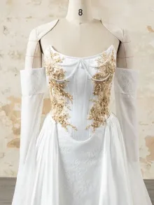 custom weddin gown with detachable overskirt and sleeves