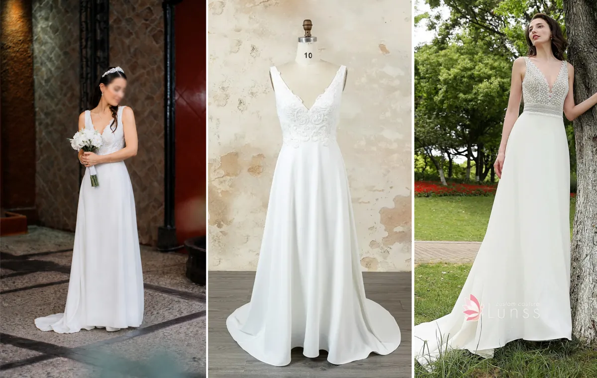 custom combined lace and crepe satin A line wedding dress