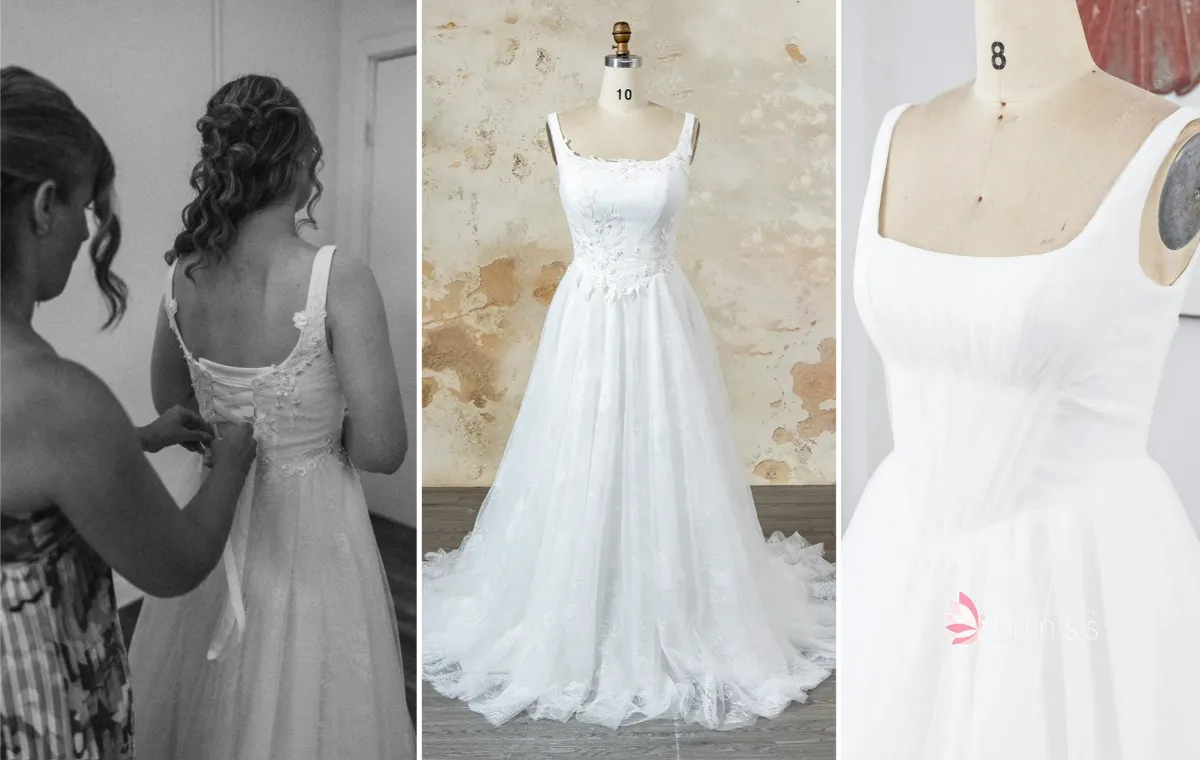 square neck basque waist lace wedding dress customization