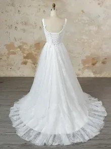 square neck basque waist lace wedding dress