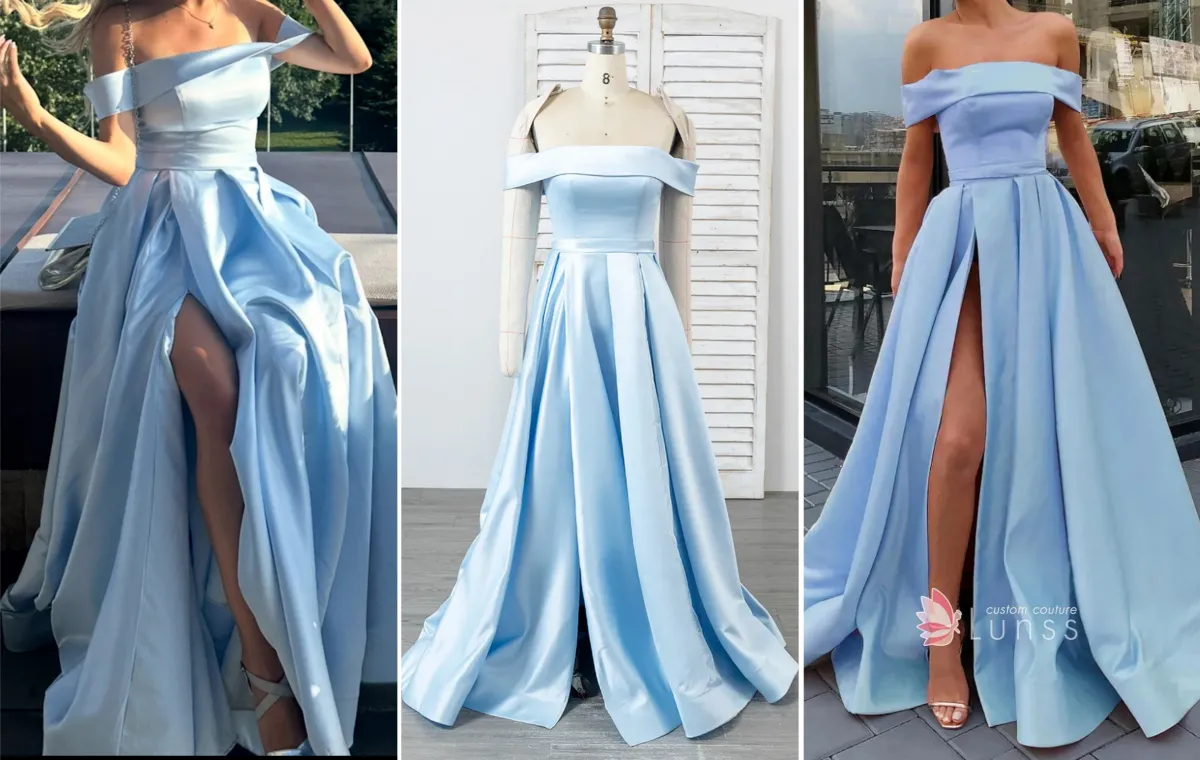 Lunss off the shoulder sky blue satin dress