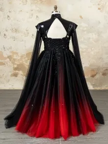 Lunss black and red gown with cape sleeves