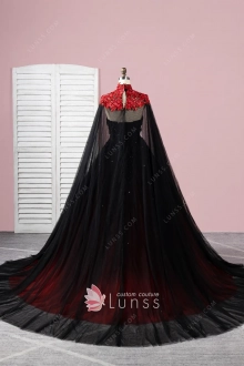 beaded lace appliqued black to red ombre ball gown