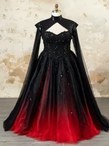 black and red ombre ball gown with cape sleeves