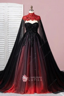 black to red ombre ball gown with cape wrap