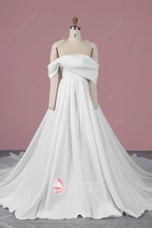 asymmetrical off the shoulder draped satin wedding dress