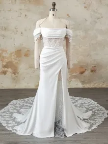 Lunss ivory satin off shoulder lace slit wedding dress
