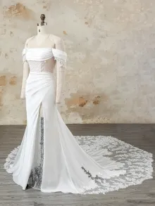custom made ivory satin off shoulder lace slit wedding dress