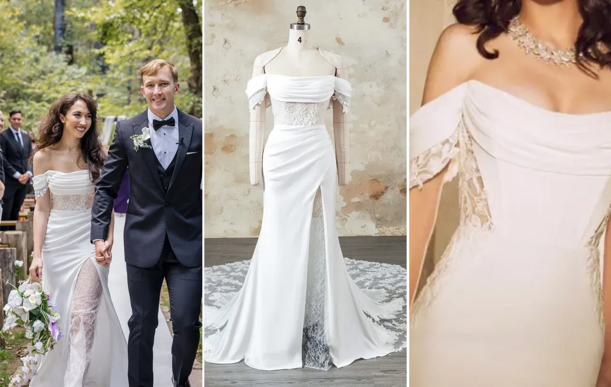 ivory satin off shoulder lace slit wedding dress design