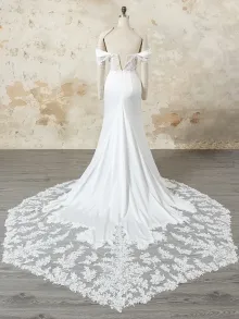 ivory satin off shoulder lace slit wedding dress