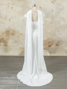 white 3D floral satin after party dress with chiffon scarf