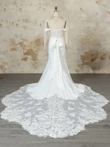 off shoulder long train wedding dress