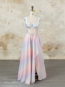 Lunss iridescent silver and pastel rainbow evening dress