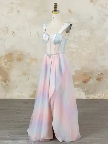custom made iridescent silver and pastel rainbow evening dress