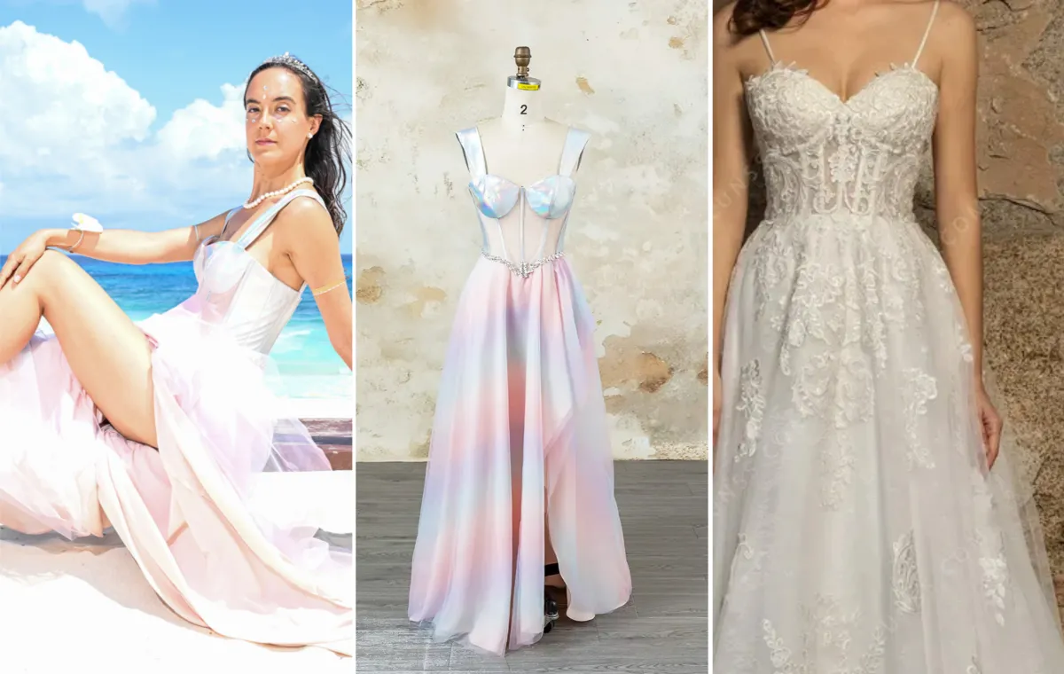 iridescent silver and pastel rainbow evening dress design