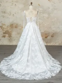 custom lace wedding dress with floral lace train