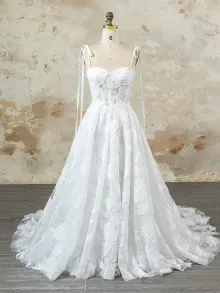 custom lace wedding dress with tie straps