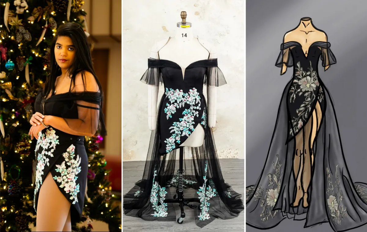 2 in 1 black floral transformable cocktail dress