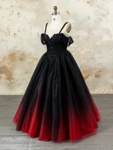 Lunss black and red ombre tulle wedding dress