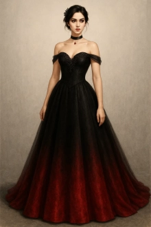 black and red ombre dress with off the shoulder sleeves