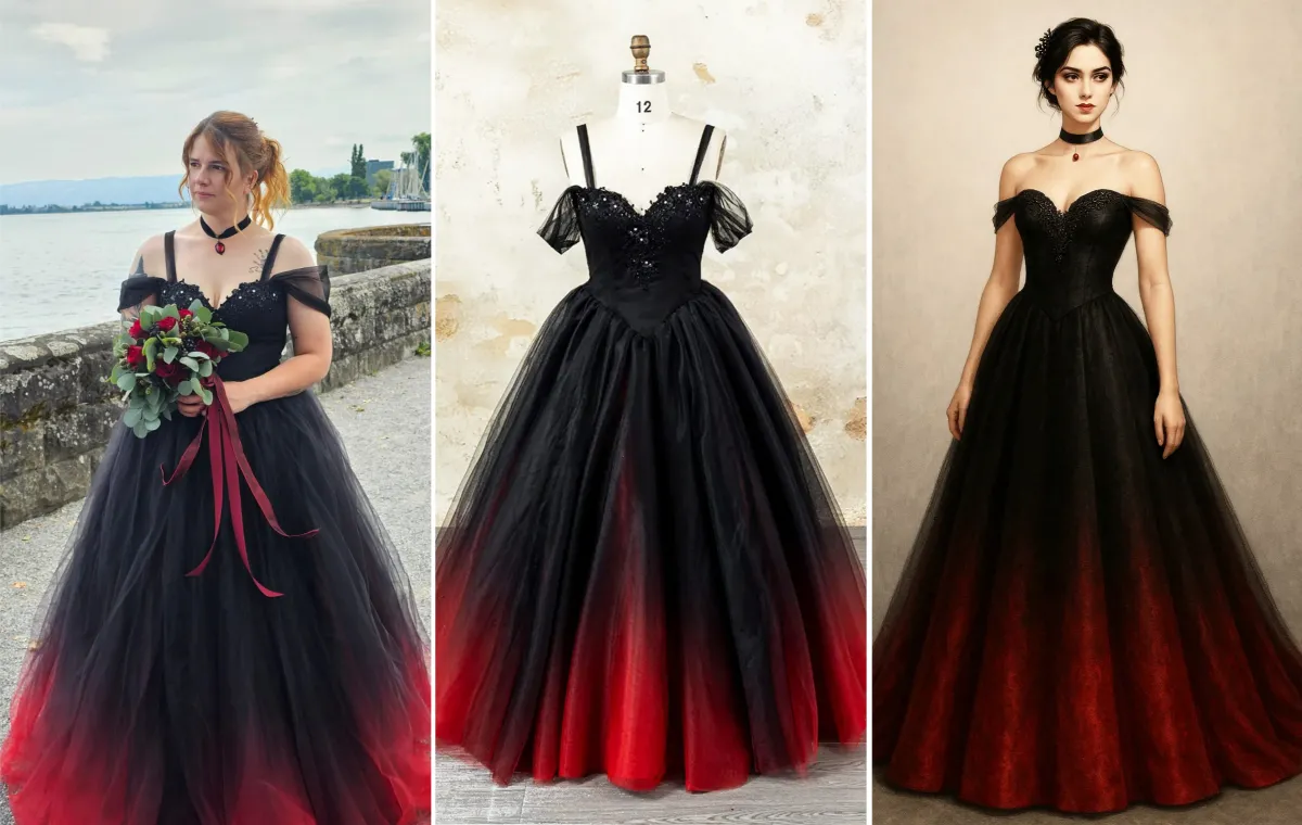 black and red ombre tulle wedding dress customization