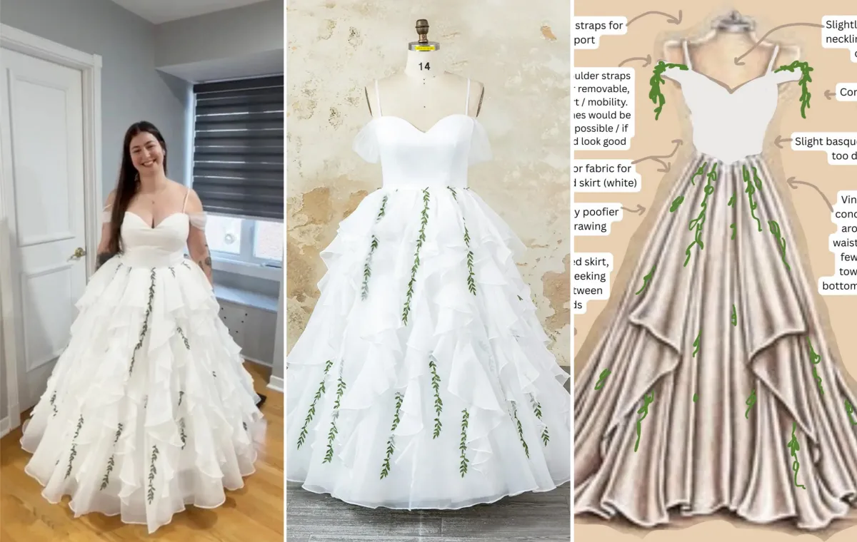 green vine ruffled Elf Queen wedding dress customization