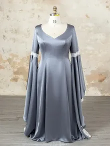 Lunss renaissance grey satin gown with floor length sleeves