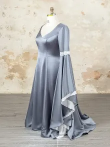 custom made renaissance grey satin gown with floor length sleeves