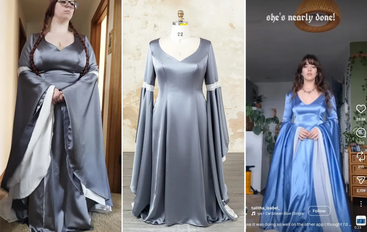 renaissance grey satin gown with floor length sleeves