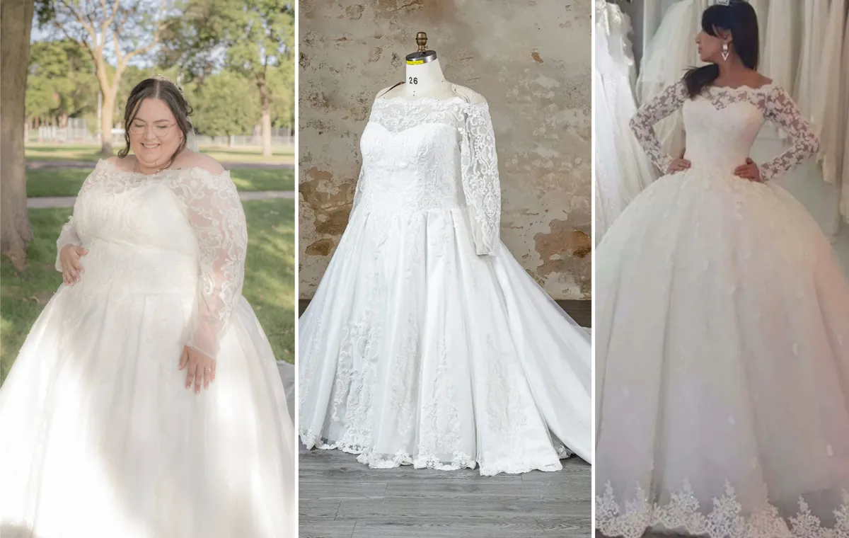 plus size off shoulder lace wedding ball gown design