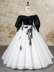 Lunss black and white lace applique ball gown