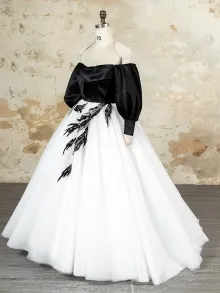 custom made black and white lace applique ball gown