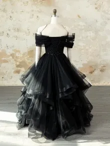Lunss black glitter tulle ruffled prom ball gown