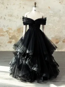 Lunss custom black glitter tulle ruffled prom gown