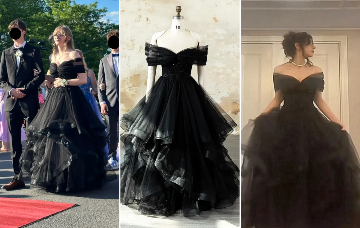 black glitter tulle ruffled prom ball gown customization