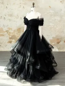 black glitter tulle ruffled prom ball gown